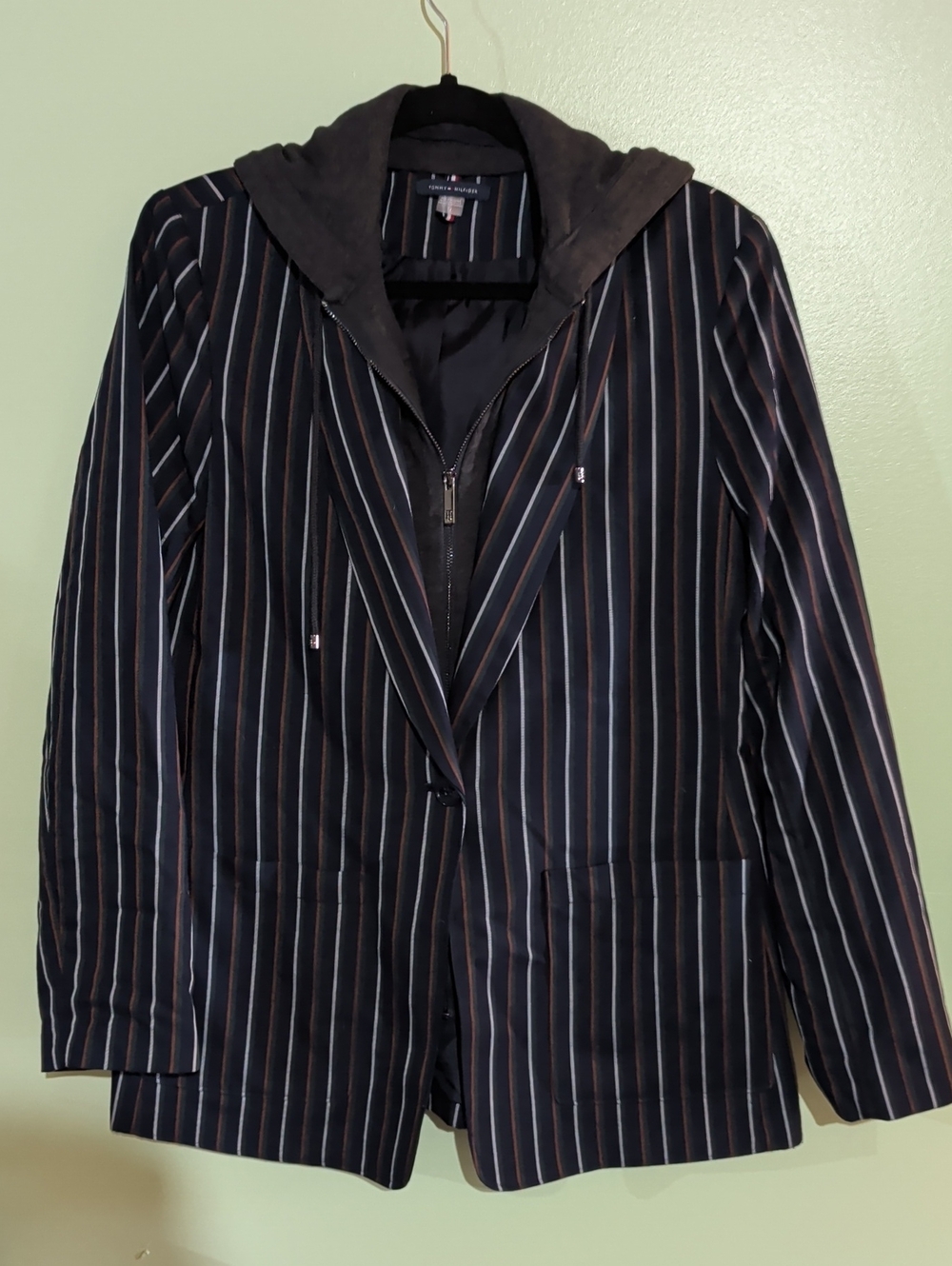 Tommy Hilfiger Navy Pinstripe Hooded Blazer